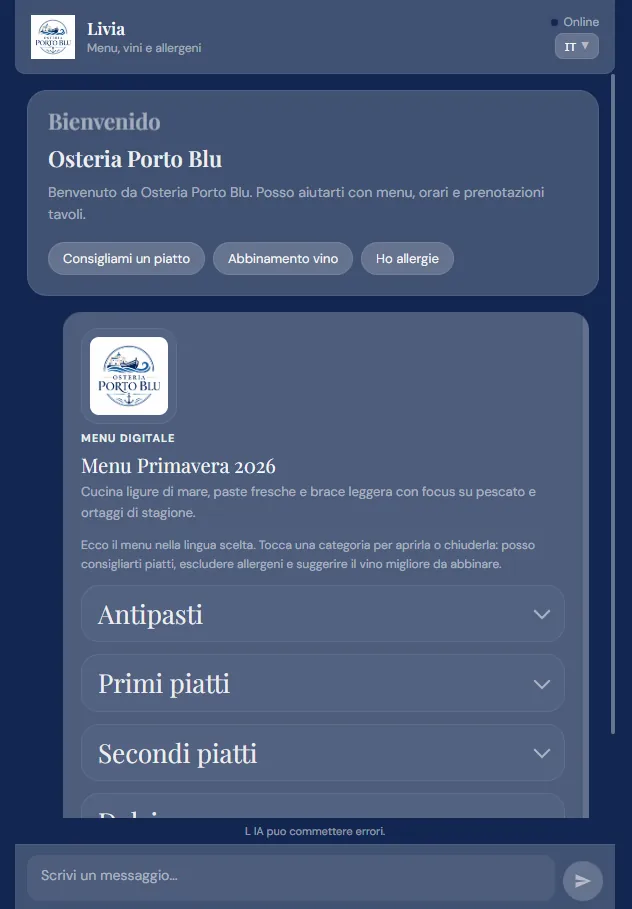 Livia — assistente AI per ristoranti, menu digitale